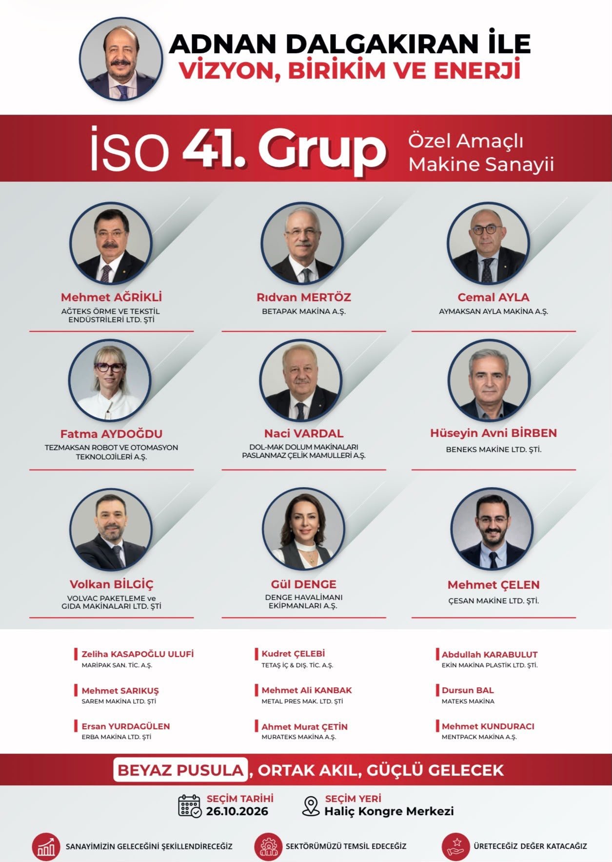 Adnan Dalgakıran ile İSO 41. Grup aday listesi. Seçim 26 Ekim 2026, Haliç Kongre Merkezi.